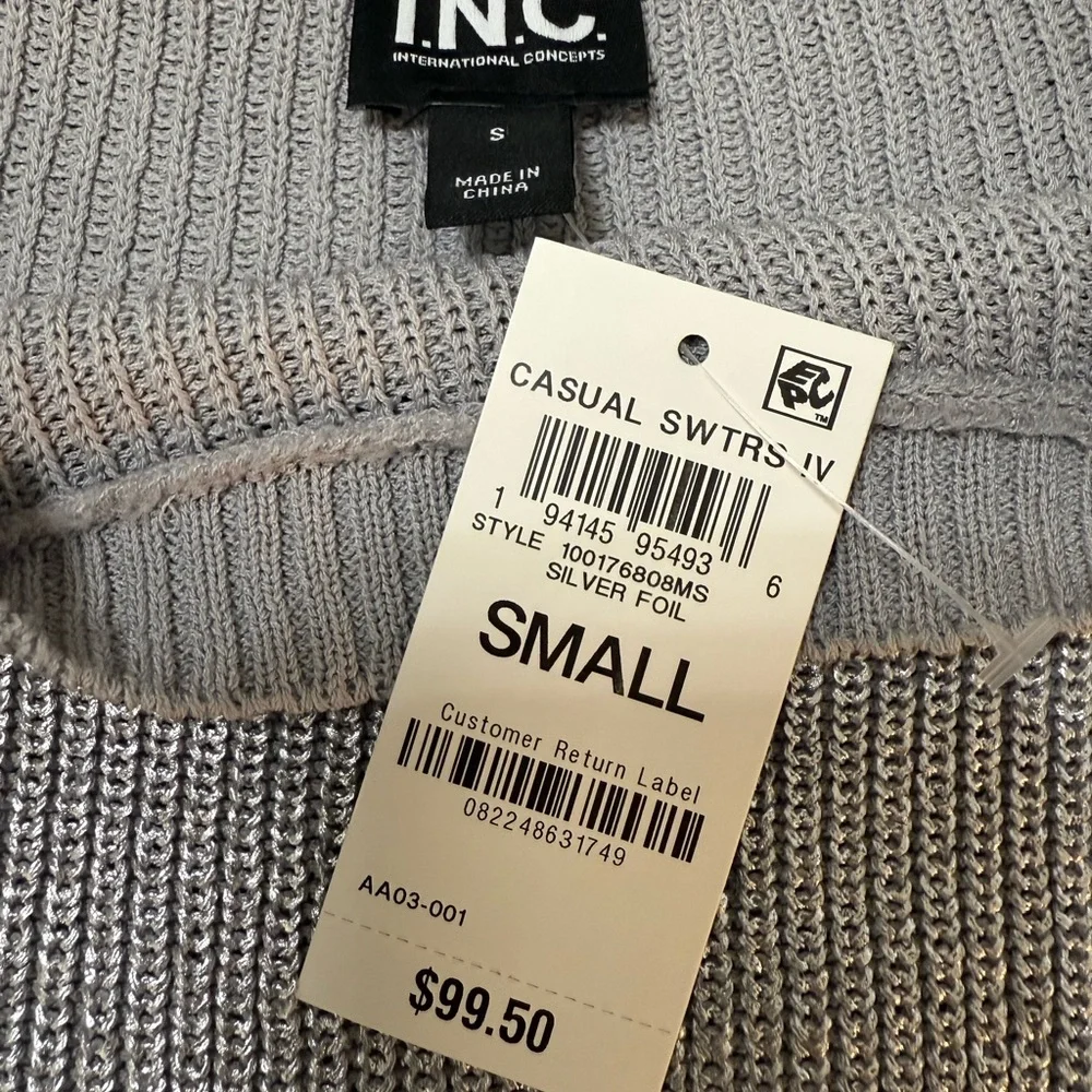 INC International Concepts Silver Foil Metallic Open-knit Sweater Size Small NWT